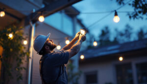 A photograph of a skilled lighting contractor expertly installing a stylish canopy lighting fixture in an outdoor setting