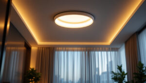 A photograph of a stylishly designed recessed ceiling lamp installed in a modern interior setting