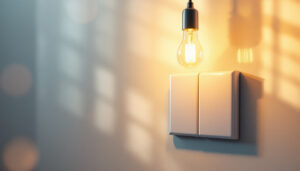 A photograph of a stylish light fixture installed above a double switch
