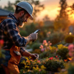 A photograph of a skilled lighting contractor installing solar-powered outdoor lights in a beautifully landscaped garden during the golden hour