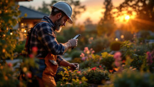 A photograph of a skilled lighting contractor installing solar-powered outdoor lights in a beautifully landscaped garden during the golden hour