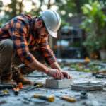 A photograph of a lighting contractor installing weather-tight electrical boxes in an outdoor setting