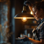 A photograph of capture a photograph of a beautifully designed pendant lamp hanging in a stylish interior setting