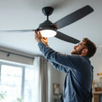 A photograph of a lighting contractor expertly installing a stylish ceiling fan with integrated lights in a modern home setting