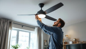 A photograph of a lighting contractor expertly installing a stylish ceiling fan with integrated lights in a modern home setting
