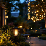 A photograph of a beautifully illuminated outdoor space at dusk