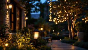 A photograph of a beautifully illuminated outdoor space at dusk