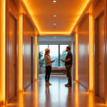 A photograph of a modern hallway illuminated by sleek led lights
