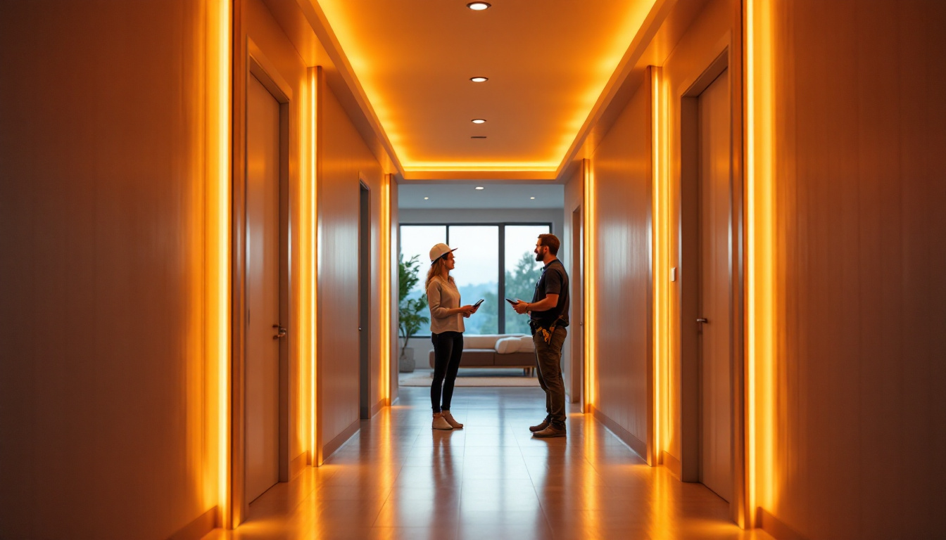 A photograph of a modern hallway illuminated by sleek led lights