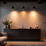 A photograph of a stylish interior space featuring recessed eyeball lighting