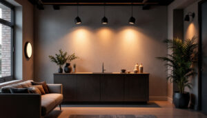 A photograph of a stylish interior space featuring recessed eyeball lighting