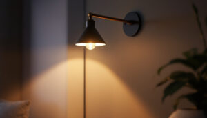 A photograph of a stylish accent wall lamp illuminating a cozy
