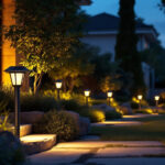 A photograph of a beautifully landscaped outdoor space illuminated by stylish solar landscaping lights at dusk