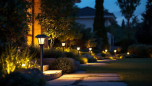 A photograph of a beautifully landscaped outdoor space illuminated by stylish solar landscaping lights at dusk