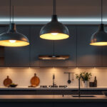 A photograph of a beautifully designed kitchen showcasing various ceiling lighting fixtures