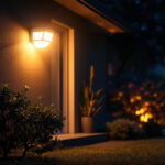 A photograph of a well-lit outdoor space showcasing a high-quality motion sensor security light in action