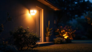 A photograph of a well-lit outdoor space showcasing a high-quality motion sensor security light in action