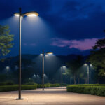 A photograph of a beautifully illuminated outdoor space featuring various pole light fixtures in use