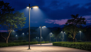 A photograph of a beautifully illuminated outdoor space featuring various pole light fixtures in use