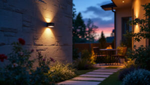 A photograph of a well-designed recessed outdoor light fixture installed in a beautifully landscaped outdoor space