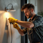 A photograph of a lighting contractor expertly installing a modern electrical outlet in a stylish interior setting