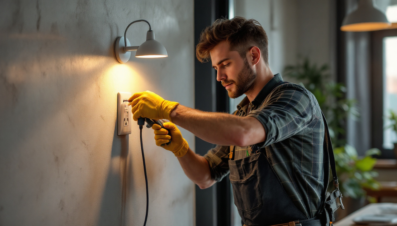 A photograph of a lighting contractor expertly installing a modern electrical outlet in a stylish interior setting