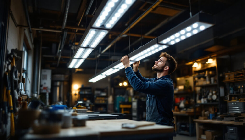 A photograph of a well-lit workshop or garage setting showcasing a row of 4-foot led shop lights in use