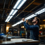A photograph of a well-lit workshop or garage setting showcasing a row of 4-foot led shop lights in use