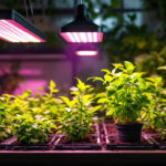 A photograph of a well-lit indoor gardening space featuring various led grow lights in action