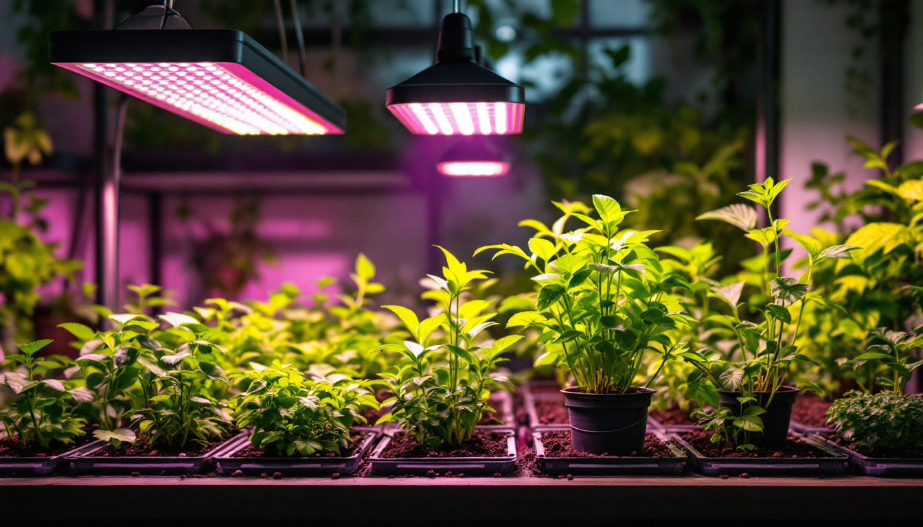 A photograph of a well-lit indoor gardening space featuring various led grow lights in action