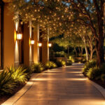 A photograph of a beautifully illuminated outdoor pathway featuring elegant led lighting fixtures