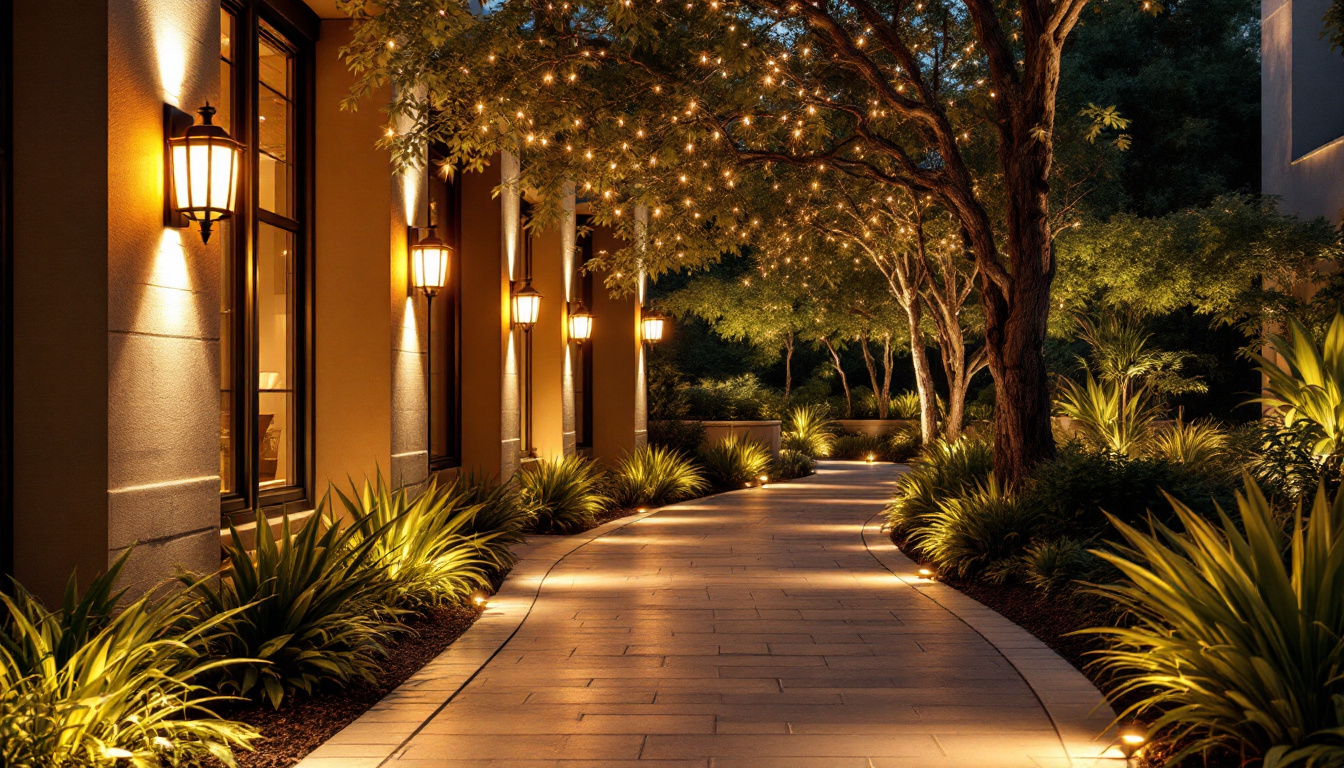 A photograph of a beautifully illuminated outdoor pathway featuring elegant led lighting fixtures