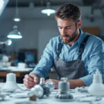 A photograph of a lighting contractor examining various led light fixtures with clear labels indicating their maximum wattage