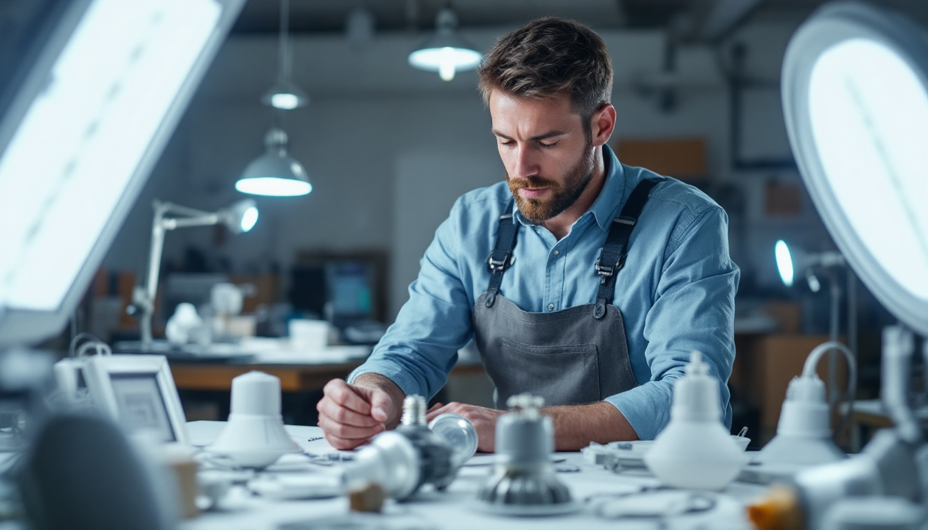 A photograph of a lighting contractor examining various led light fixtures with clear labels indicating their maximum wattage