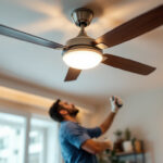A photograph of a stylish ceiling fan equipped with led lights