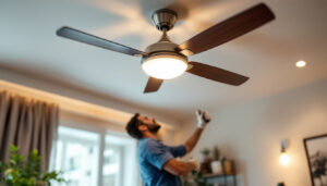 A photograph of a stylish ceiling fan equipped with led lights