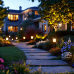 A photograph of a beautifully illuminated yard featuring various styles of solar lights in a landscaped garden setting at dusk
