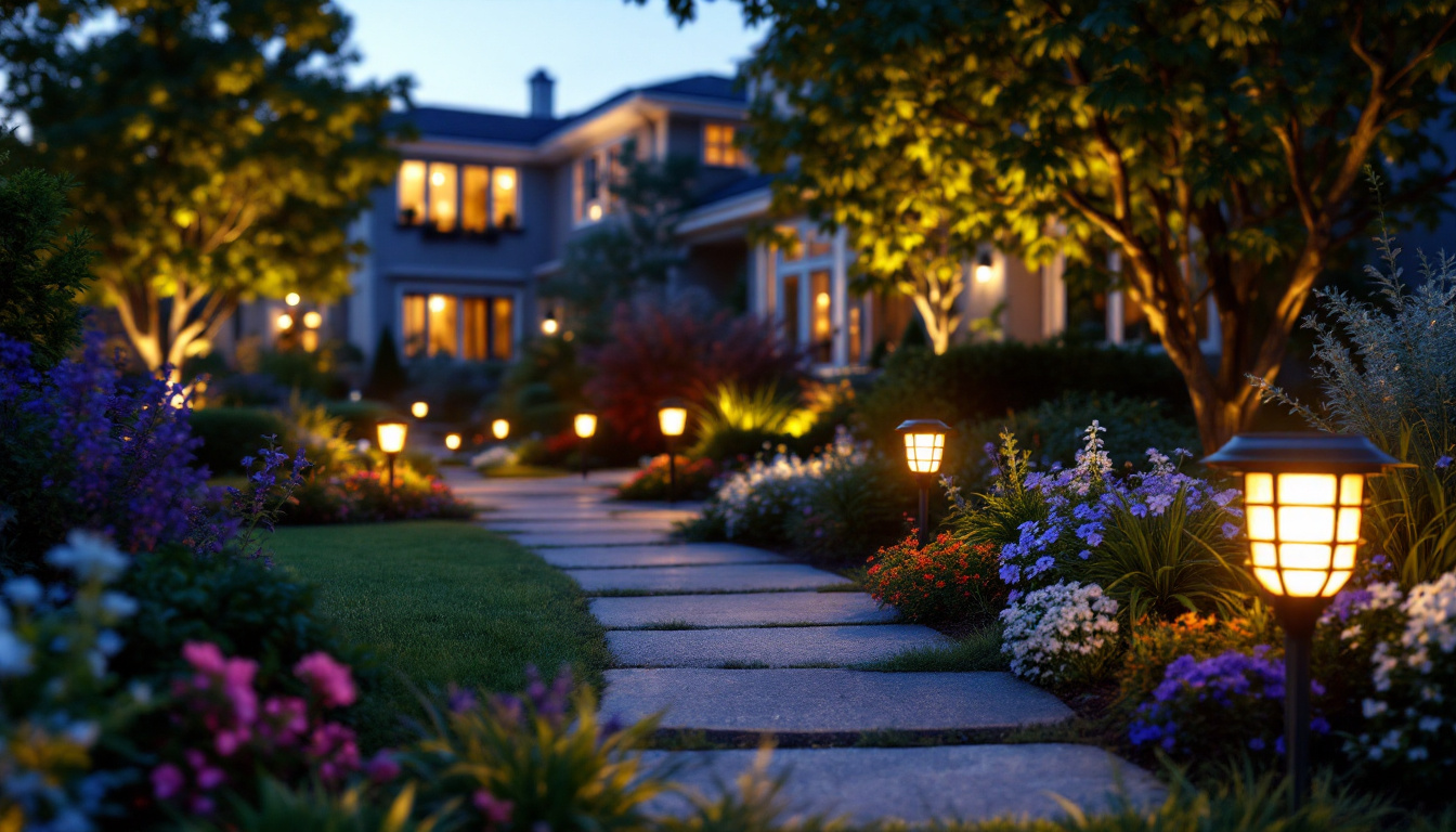 A photograph of a beautifully illuminated yard featuring various styles of solar lights in a landscaped garden setting at dusk