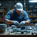 A photograph of a lighting contractor examining various commercial fan replacement parts on a workbench