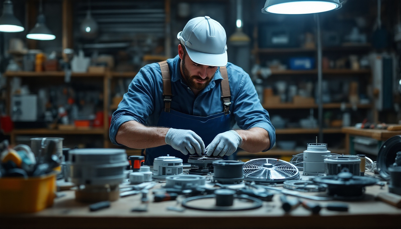 A photograph of a lighting contractor examining various commercial fan replacement parts on a workbench