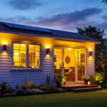 A photograph of a beautifully lit garden shed at dusk