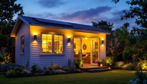 A photograph of a beautifully lit garden shed at dusk