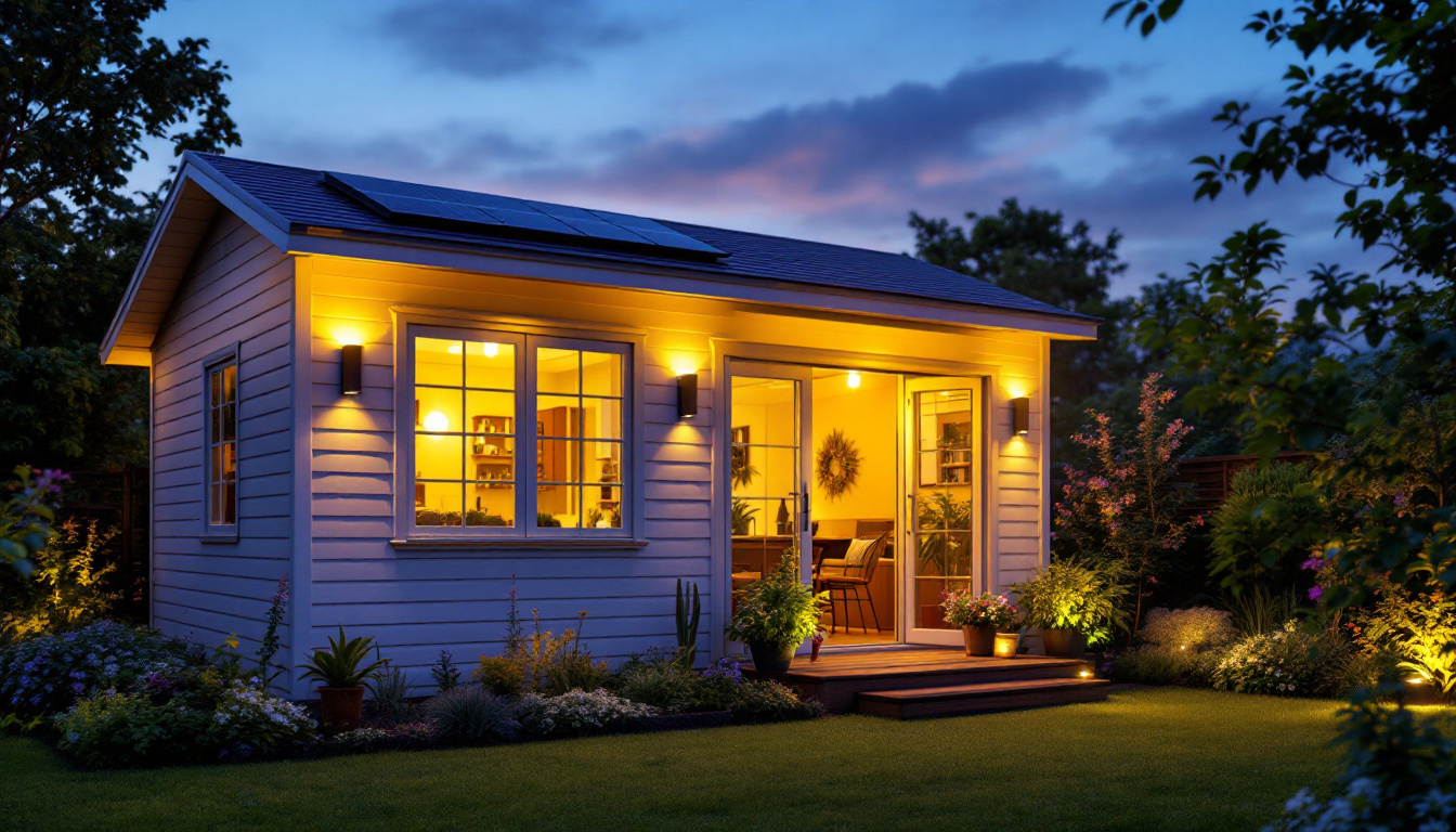A photograph of a beautifully lit garden shed at dusk