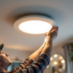 A photograph of a skilled lighting contractor installing led recessed light trim in a stylish