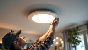 A photograph of a skilled lighting contractor installing led recessed light trim in a stylish