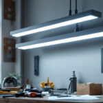 A photograph of a modern 4 lamp fluorescent fixture installed in a well-lit workspace