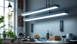 A photograph of a modern 4 lamp fluorescent fixture installed in a well-lit workspace