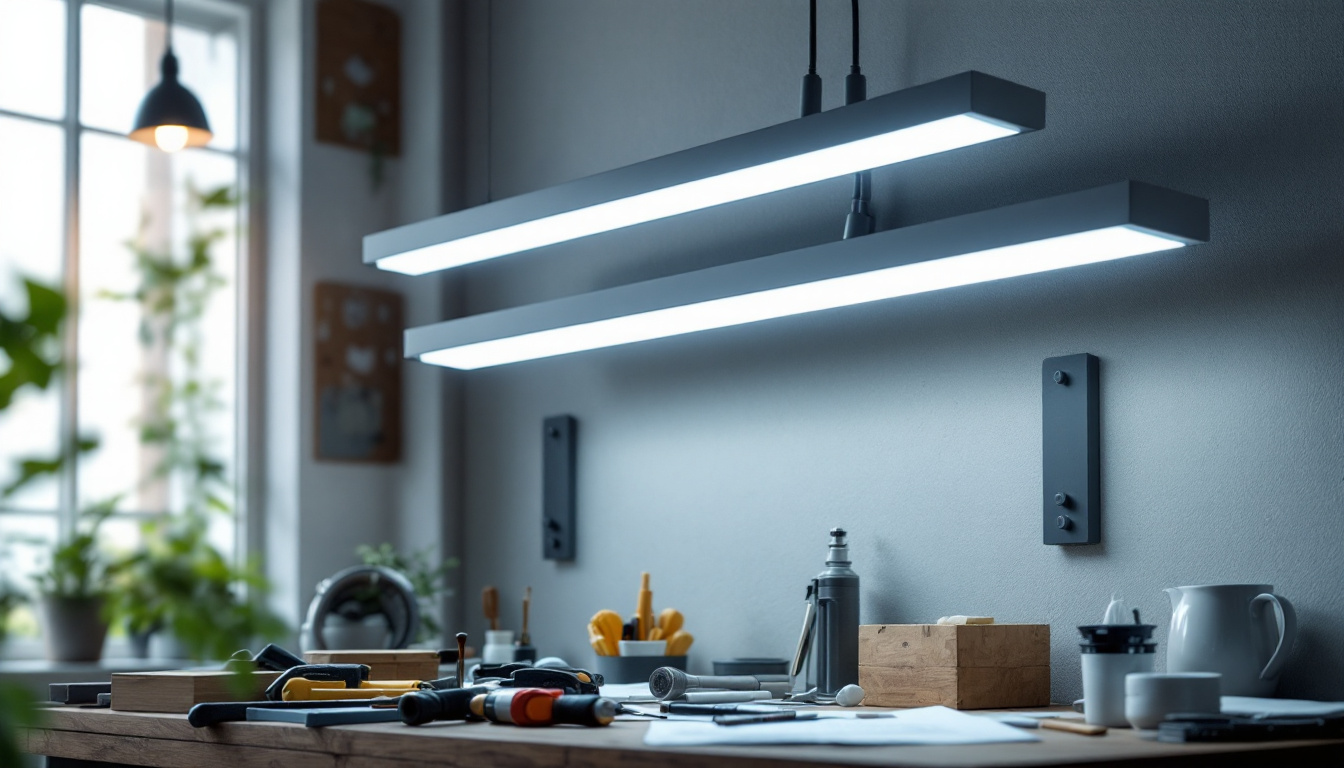 A photograph of a modern 4 lamp fluorescent fixture installed in a well-lit workspace