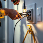A photograph of a lighting contractor installing a volt outlet in a residential setting