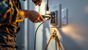 A photograph of a lighting contractor installing a volt outlet in a residential setting